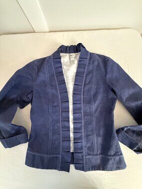 Chico's Blue Floral Brocade Open Front Ruffle Blazer Jacket size 0